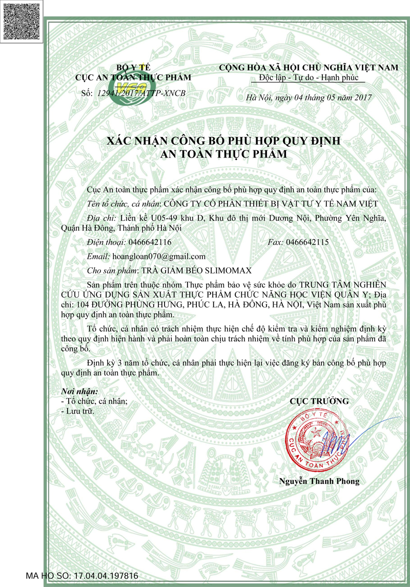 chứng nhận kiểm định an toàn trà slimomax
