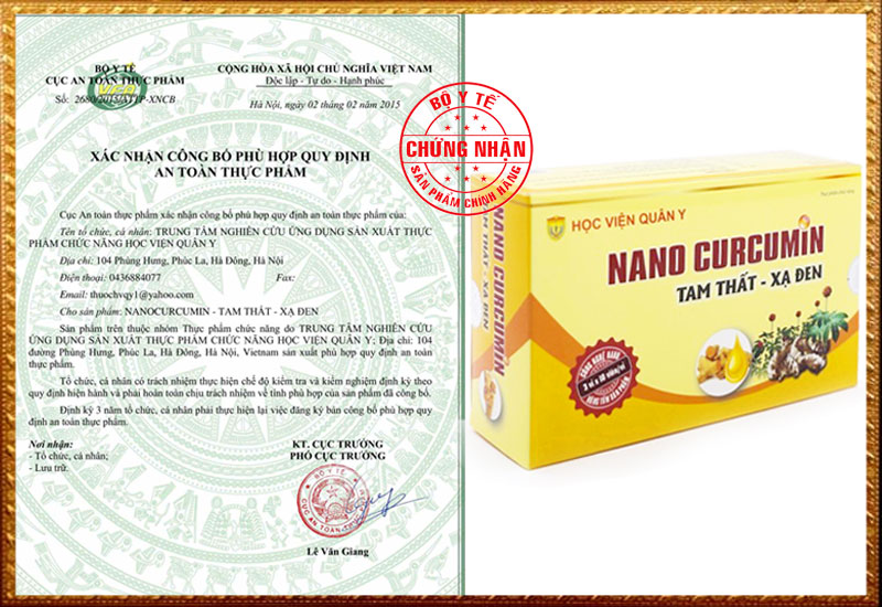 Chứng nhận của Cục VS ATTP - Bộ Y Tế đối với sản phẩm nano curcumin tam thất xạ đen
