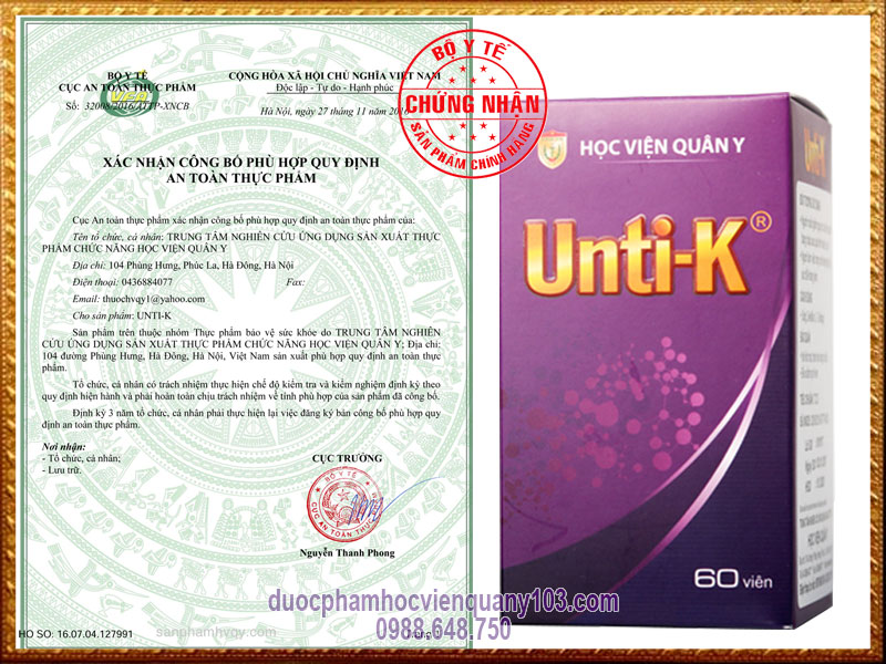 Công bố của Cục Vệ sinh ATTP - Bộ Y Tế đối với sản phẩm Unti K Học Viện Quân Y